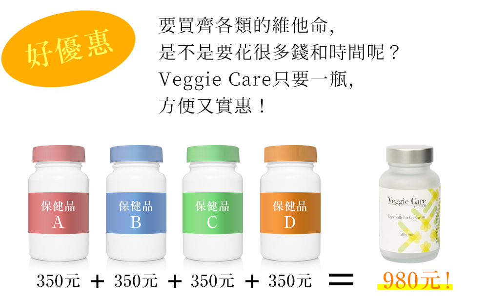 要買齊各類的維他命，是不是要花很多錢和時間呢？Veggie Care只要一瓶，方便又實惠！